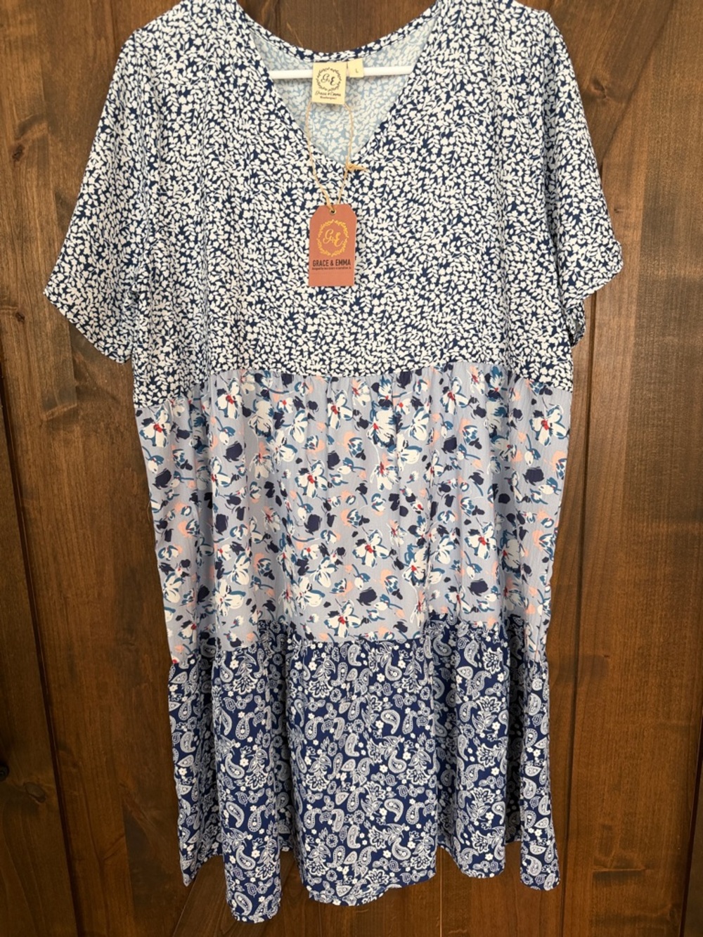 Grace & Emma Blue Floral Patchwork V-Neck Women’s Dress